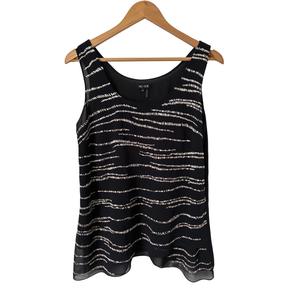 Nic + Zoe Navy Blue Stitched Cream Striped Lightweight Sheer Sleeveless Blouse M